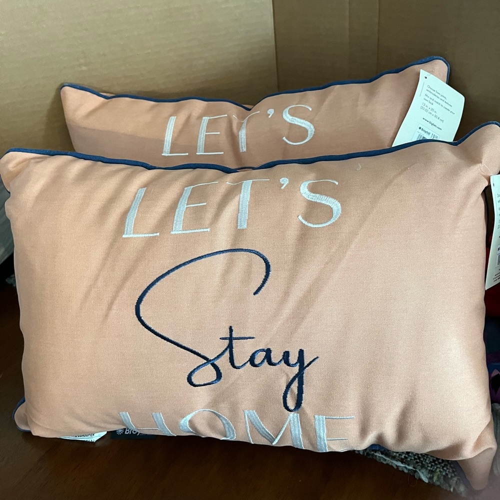 Broyhill Decorative Pillow Set with Embroidered Text “Lets stay home”
